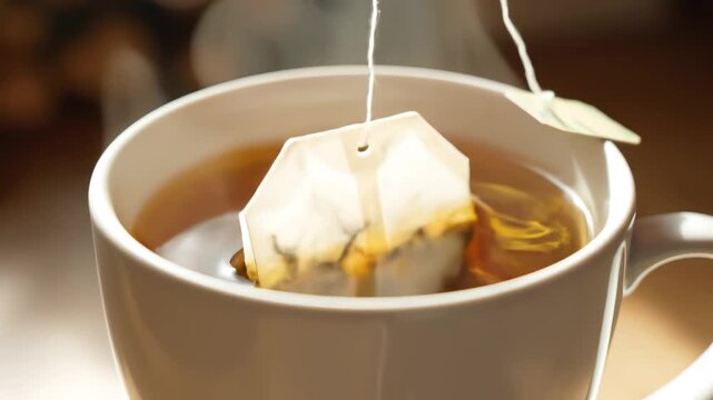 Tea bag steeping in cup of hot tea