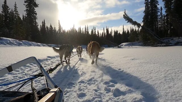 A dynamic rear-view shot of a team of Alaskan Huskies pulling a sled through deep snow on a trail near Mount Lorne, Yukon, Canada, during a winter tour