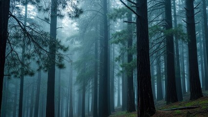 Obraz premium Mysterious and Ethereal Pine Forest in Thick Fog, Creating a Serene and Spooky Natural Landscape