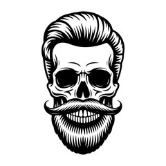 Fototapeta premium Black and white vector illustration of a human skull with a thick beard and handlebar mustache, perfect for barber shop logos, tattoos, or t-shirt designs.