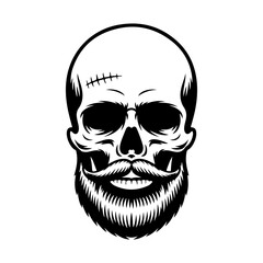Fototapeta premium Black and white vector illustration of a human skull with a thick beard and handlebar mustache, perfect for barber shop logos, tattoos, or t-shirt designs.