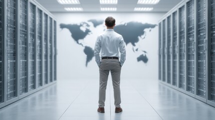 Professional overseeing network infrastructure in a modern data center with world map background emphasizing global connectivity and advanced technology solutions