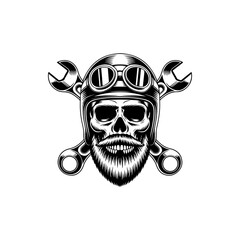 Black and white vector illustration of a bearded skull wearing a vintage motorcycle helmet and goggles with crossed wrenches behind it. Ideal for biker and garage logos. © Kotliar Ivan