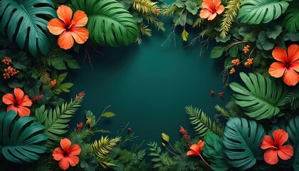 Frame of lush tropical plants and vibrant orange hibiscus flowers. Diverse green jungle foliage creates a verdant border on dark teal background. Natural elements suggest exotic locale.