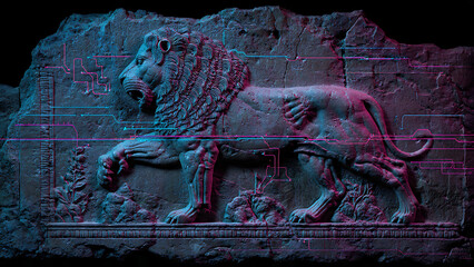 An ancient Assyrian stone bas-relief of a lion hunt, illuminated by pink and cyan neon lasers with floating 90s digital interface elements.