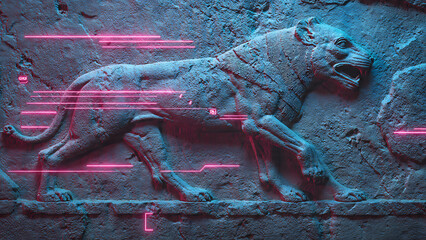 An ancient Assyrian stone bas-relief of a lion hunt, illuminated by pink and cyan neon lasers with floating 90s digital interface elements.