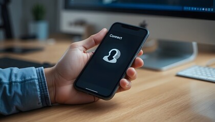 Hand holding smartphone with connect app on screen in modern office