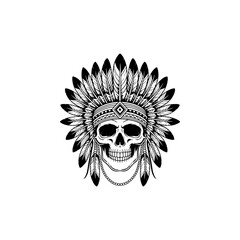 black and white vector of a human skull wearing a traditional Native American feathered war bonnet headdress with beaded accents and intricate line work.
