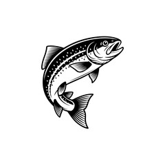 Fototapeta premium black and white vector icon of a jumping salmon featuring intricate scale patterns and fins. Perfect for seafood branding or fly fishing logos.