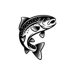 black and white vector icon of a jumping salmon featuring intricate scale patterns and fins. Perfect for seafood branding or fly fishing logos.