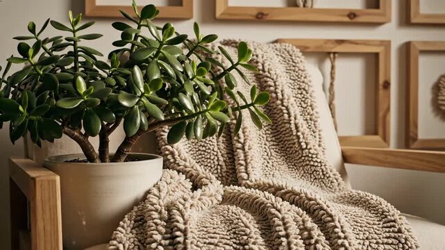 Indoor Harmony Showcase Fresh Potted Plant Against a Textured Blanket and Gallery Wall