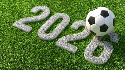 Soccer 2026 New Year concept with football ball on green grass field, modern 3d render showing sports celebration, future season kickoff, global tournament theme and athletic competition atmosphere