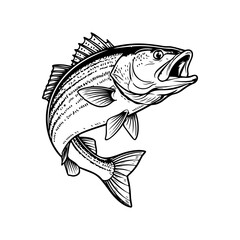 Dynamic black and white vector illustration of a Sea Bass jumping out of the water with an open mouth. Realistic marine life drawing for fishing and sport logos.