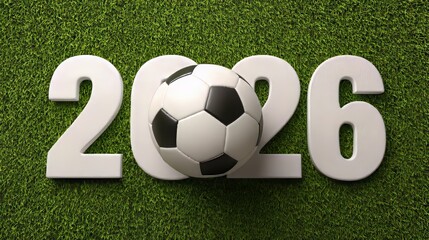 Soccer 2026 New Year concept with football ball on green grass field, modern 3d render showing sports celebration, future season kickoff, global tournament theme and athletic competition atmosphere