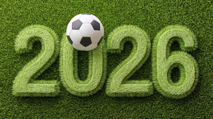 Soccer 2026 New Year concept with football ball on green grass field, modern 3d render showing sports celebration, future season kickoff, global tournament theme and athletic competition atmosphere