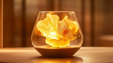 Golden adaptogenic mushroom elixir glows in a sleek modern glass, symbolizing wellness, vitality, balance, and holistic health in a luxurious and calming setting.