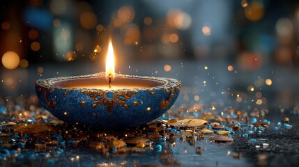 Traditional clay lamp with a lit candle surrounded by colorful flowers and petals during a festive celebration at night for rituals and offerings