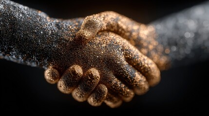 Digital handshake between human and robotic hands shows connection between technology and cooperation in modern society