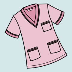 A pink medical scrub top, commonly worn by nurses or healthcare workers. It features a V-neck with darker pink trim, short sleeves with matching cuffs, and three patch pockets (one on the chest.