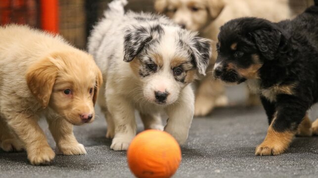 Medium shot of playful puppies engaging in supervised games during a socialization event highlighting early development and social skills.