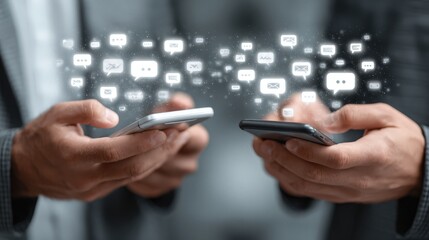 Two individuals hold smartphones while interacting with digital elements in a tech-focused environment during the day