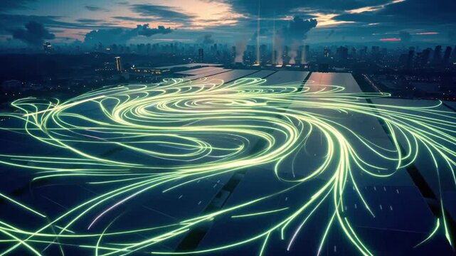 4K time-lapse vast industrial solar energy farm, heliostat panels tracking sun, day-to-night transition sunlight, dynamic cloud shadows, distant wind turbines reflections solar panels, cinematic