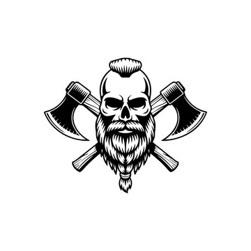 Powerful vector illustration of a bearded Viking skull with braided facial hair and two crossed battle axes. Fierce warrior-themed design for logos and apparel.