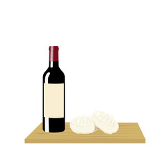 Red Wine Bottle and Cheese on Wooden Board &ndash; Minimalist Illustration for Menus, Advertising, and Branding, Transparent Background, High-Resolution