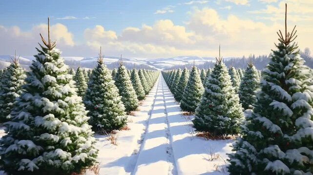 Snow Covered Pine Trees in Winter Landscape Perspective View with Sunlight
