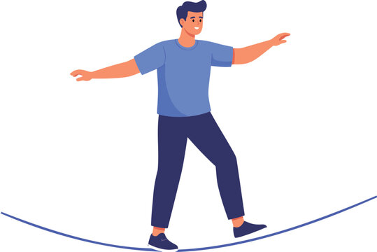 Man balancing on tightrope with safety rope in hand confidently