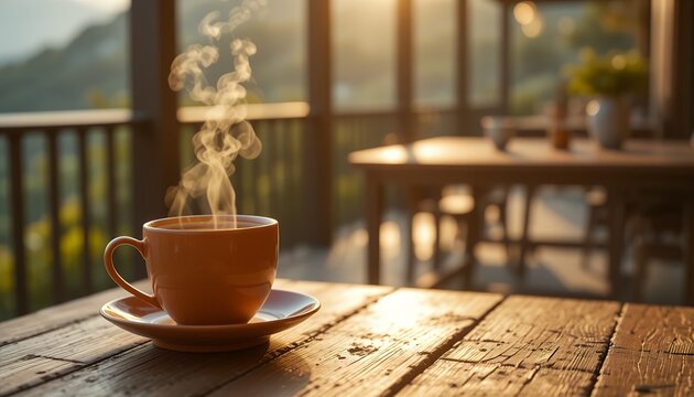 Steaming cup of coffee on a rustic wooden table at golden sunrise on balcony - Powered by Adobe