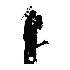 Naklejka premium Vector illustration of a black silhouette person holding a guitar, gun, and saxophone while a woman and boy dance