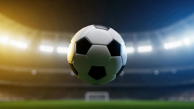 Soccer ball floating in stadium, dramatic lighting, sports concept
