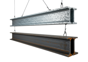 Three industrial steel i-beams, galvanized and untreated, suspended against a transparent cyclorama. Industrial material and engineering concept