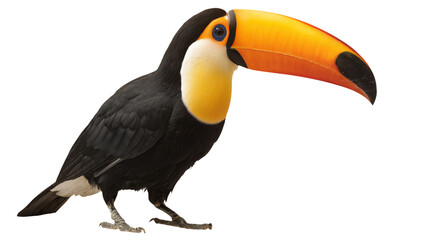 Exotic Toco Toucan bird with large orange beak standing profile isolated on white.

