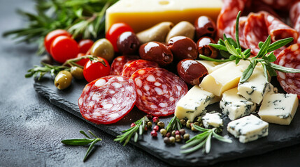 Gourmet Italian appetizer platter featuring salami, assorted cheeses, olives, and fresh herbs, presented elegantly for a colorful and appetizing culinary display.
