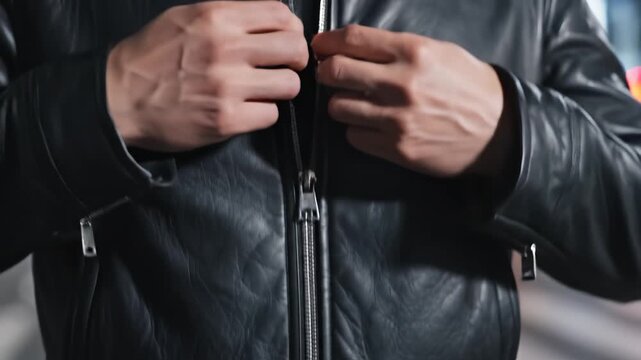 Person zipping up a leather jacket