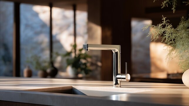 A kitchen designer photographing a sleek faucet with built-in water filtration, chrome reflections merging with minimalist countertops &mdash; modern home aesthetics, integrated water systems, and
