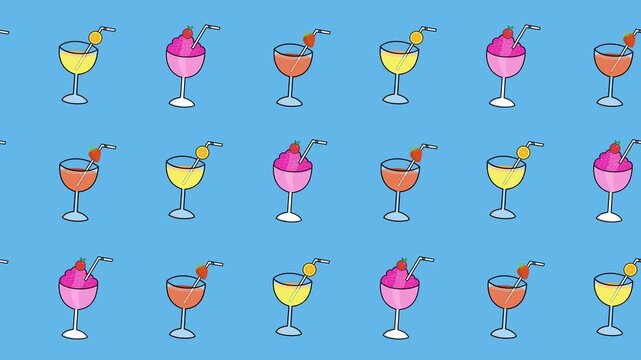 Seamless pattern of colorful summer cocktails and frozen drinks icon in a tile background animation. Repeating cartoon wallpaper with tropical beverages and fruit garnish symbols. Cafe menu backdrop.