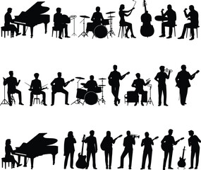 Music band silhouettes performing with instruments isolated on white background representing jazz orchestra concert performance creativity entertainment musicians concept illustration © MSTSHARMIN