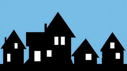 City skyline silhouette with residential houses under clear sky, simple flat vector design in light blue and black colors, minimalistic urban landscape concept for modern background and graphic design