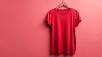Vibrant red t-shirt display studio setting product photography minimalist background front view fashion appeal.