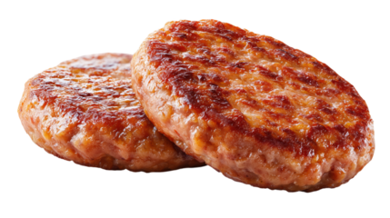 Two cooked beef burger patties or pork sausage cakes isolated on white.

