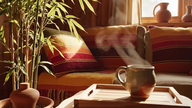 Inviting Scene Of Warmth And Serenity In A Cozy Home Interior With Steaming Beverage