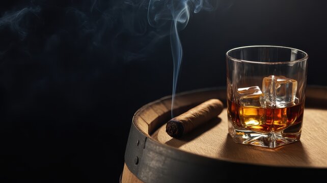 A cigar and a glass of whiskey with ice cubes on a wooden barrel, with smoke rising.