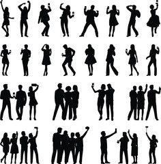 Party people silhouettes dancing celebrating nightlife, social event crowd poses, drink glasses, festive mood, black white vector illustration set, collection