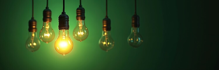One bright light bulb shines among unlit ones. This image represents idea generation, innovation, and outstanding achievement against ordinary background. Concept for inspiration and business success.