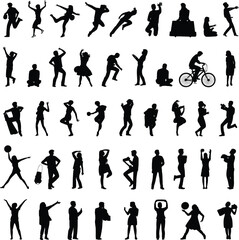 Naklejka premium People activity silhouettes set, diverse human poses dancing sports leisure lifestyle actions, black white vector illustration collection, icons, design, bundle