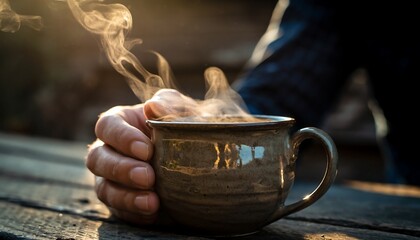 Close-up hand holding a coffee mug with rising steam, visible ceramic texture and cozy soft lighting, creating a warm, comforting moment and relaxed lifestyle atmosphere.