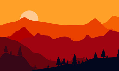 Mountain landscape at sunset with pine forest. Minimalist flat vector nature background for travel posters, desktop wallpapers, and outdoor adventure themes